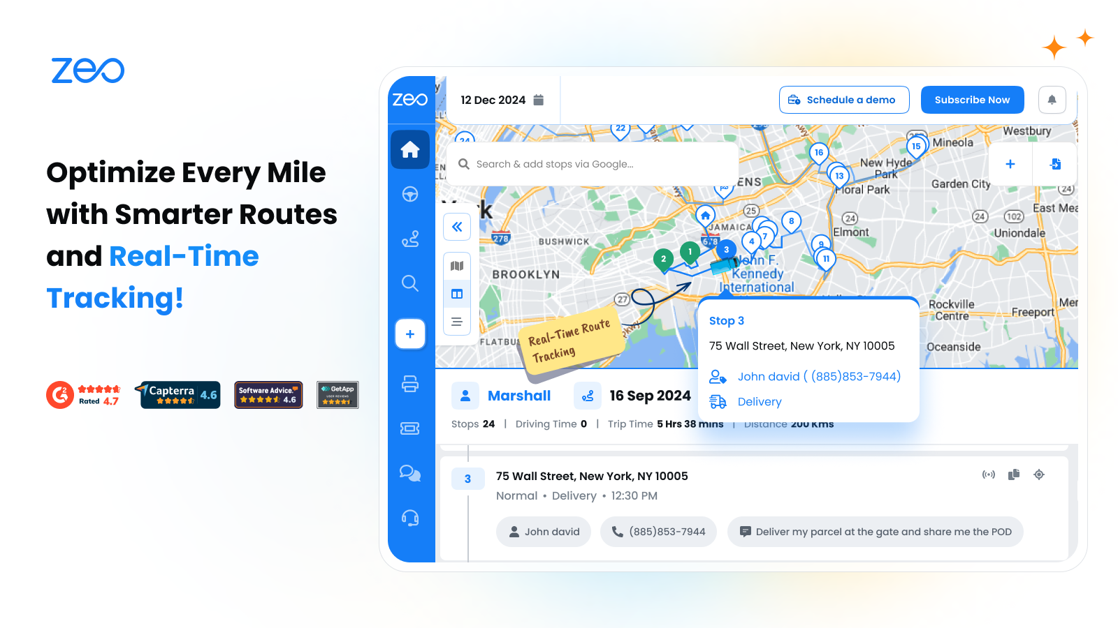 Zeo dashboard with real-time route tracking and agent details